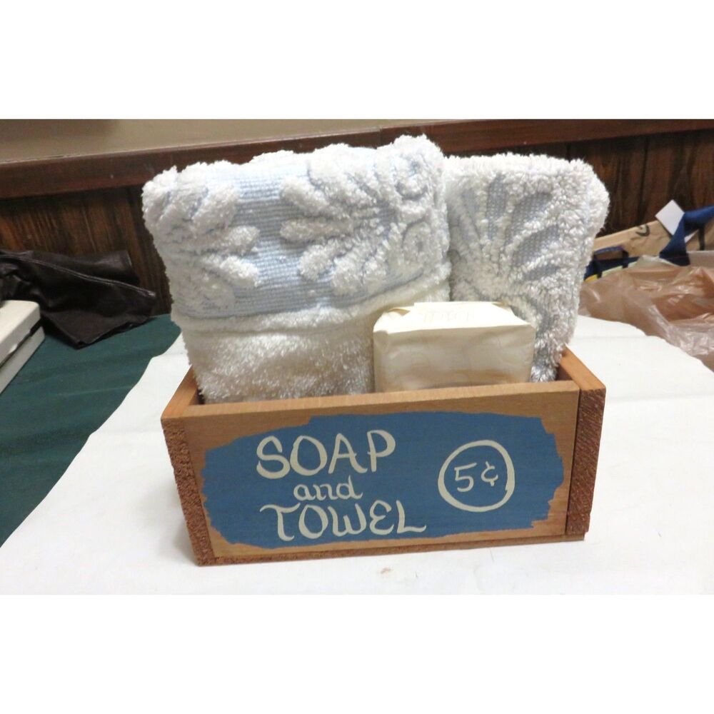 "SOAP & TOWELS 5 cents" Rustic Look Wooden Box